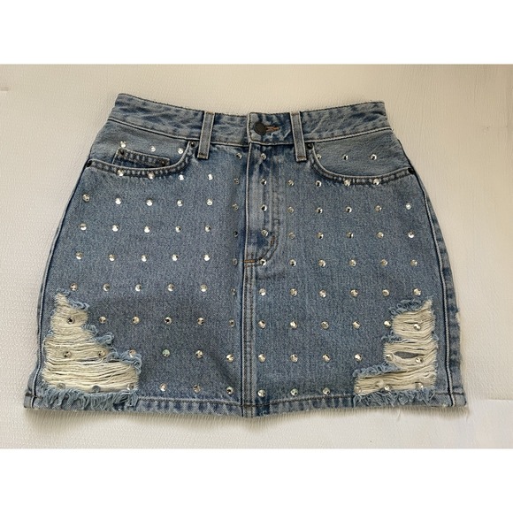 Y2K Rhinestone Studded Denim Mini Skirt Womens 26 US 2 Distressed Club Fairycore - Picture 2 of 7